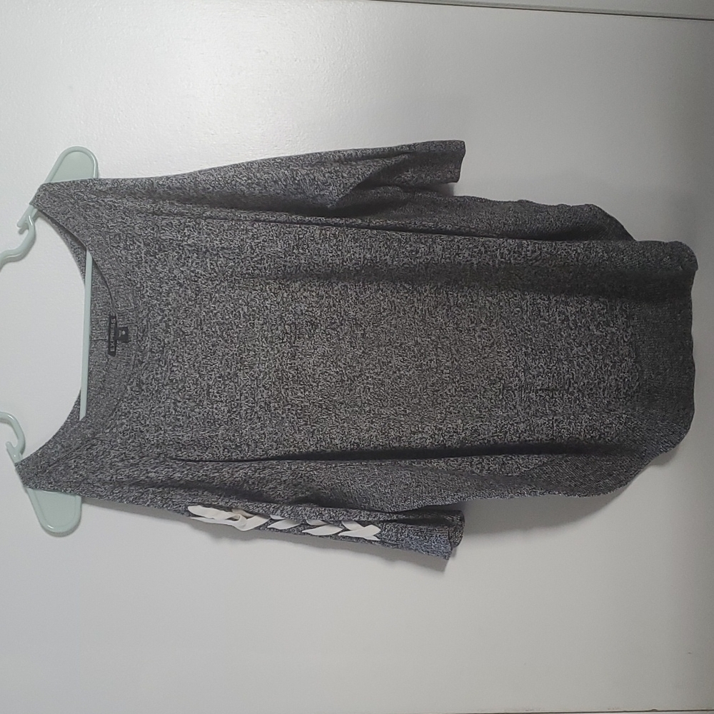 Express shoulderless knit sweater with lacing down the arms
